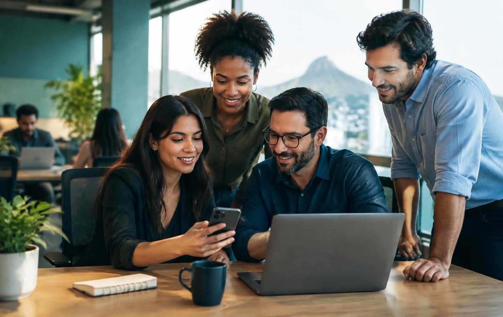 Equipe GenteAqui realizando atendimento em ambiente empresarial contemporâneo